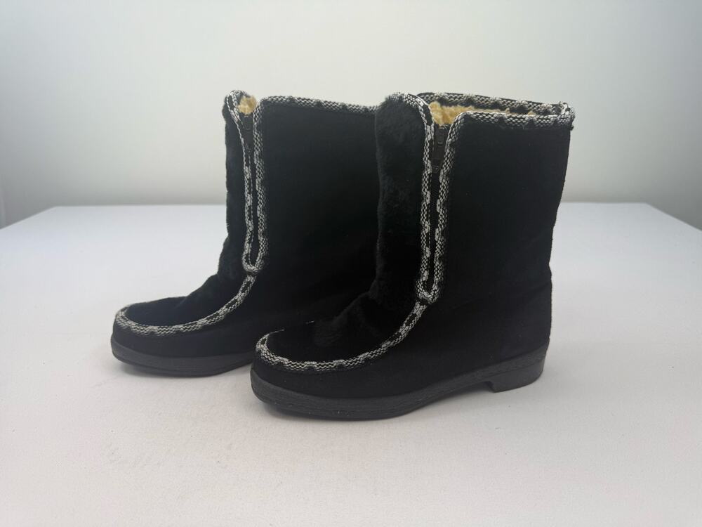 Vintage 70s Black Suede Shearling Lined Apres Ski Boots Womens Sz 6 Scandi Hygge